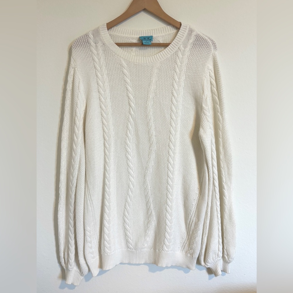 Two Bees Cashmere White Cable Knit Cotton Cashmere Pullover Sweater Size Small